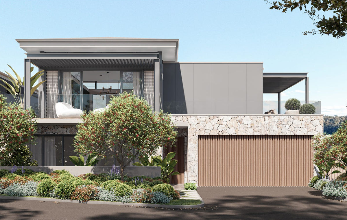 Modern two-story house exterior with a large garage door, stone facade, glass windows, landscaped shrubs, and a clear blue sky background.