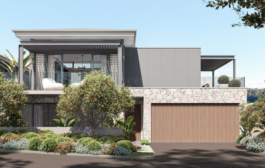 Modern two-story house exterior with a large garage door, stone facade, glass windows, landscaped shrubs, and a clear blue sky background.
