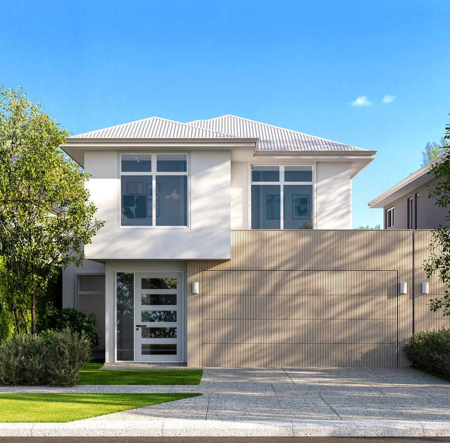 Modern garage door, wood-look aluminum